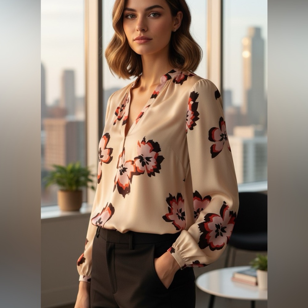 ALC Jules 100% Silk‎ Floral V-Neck Blouse 4 Quiet Luxury Office Corporate